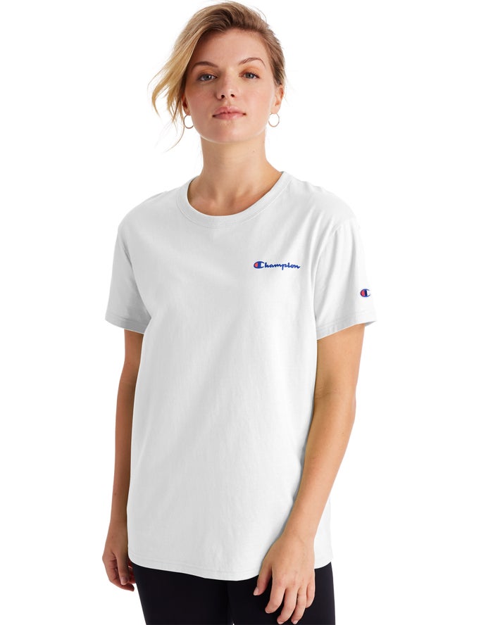 Champion Womens T-Shirt NZ - Boyfriend Script Logo White ( 2854-KHSYI )